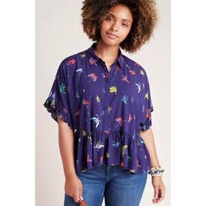 Maeve Mallory Navy Ruffled‎ Short Sleeve Blouse Size M Butterfly